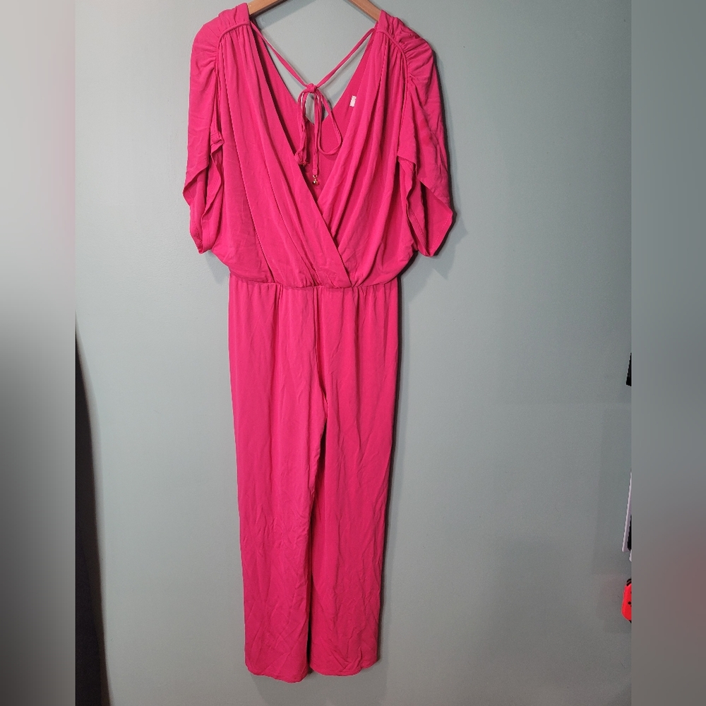 Trina Turk Dresses Barbiecore Pink Sexy V Neck Tassel Jumpsuit Size 6 Flawed